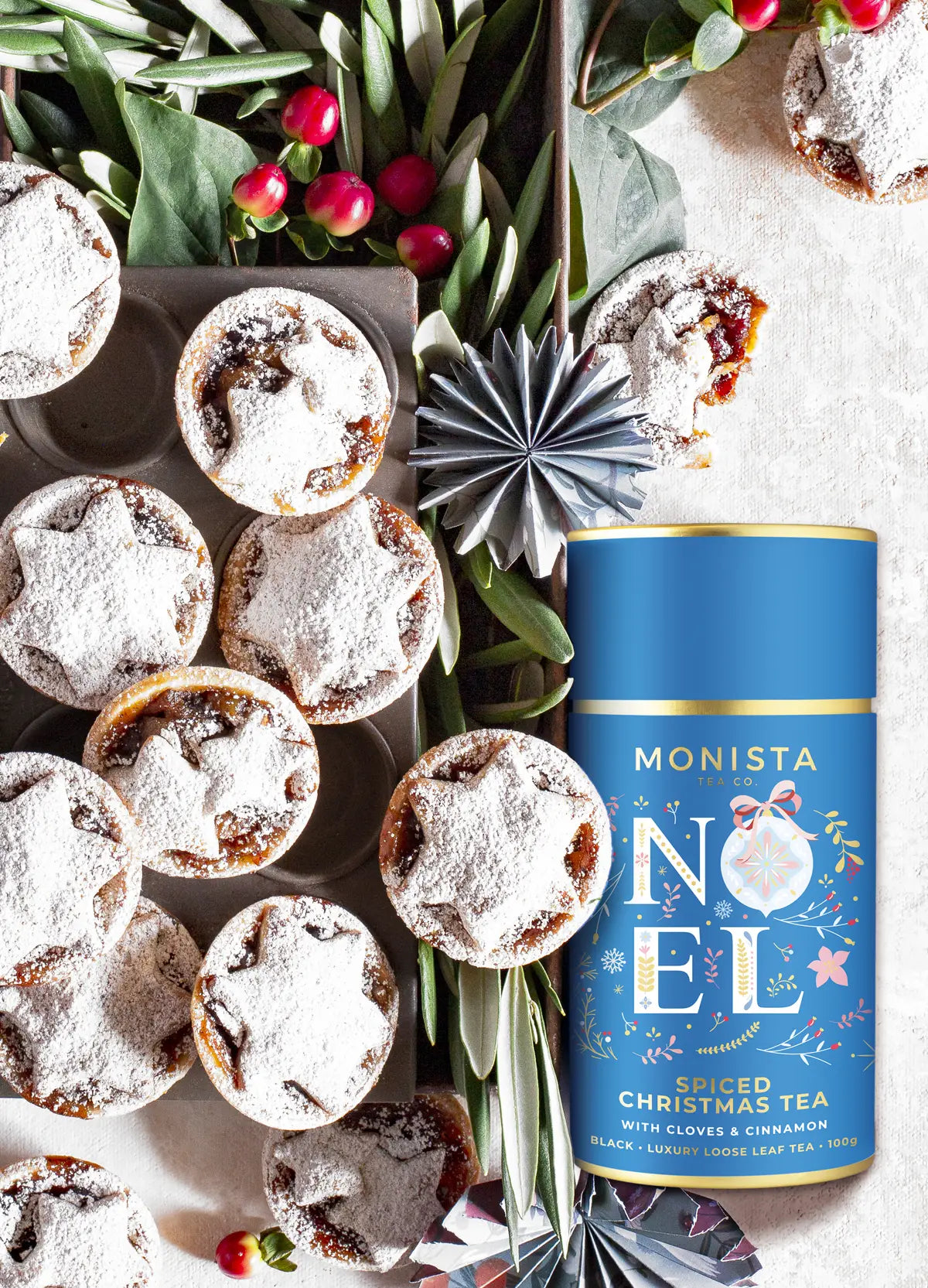 Spiced Christmas Tea Mince Pies with blue tea canister
