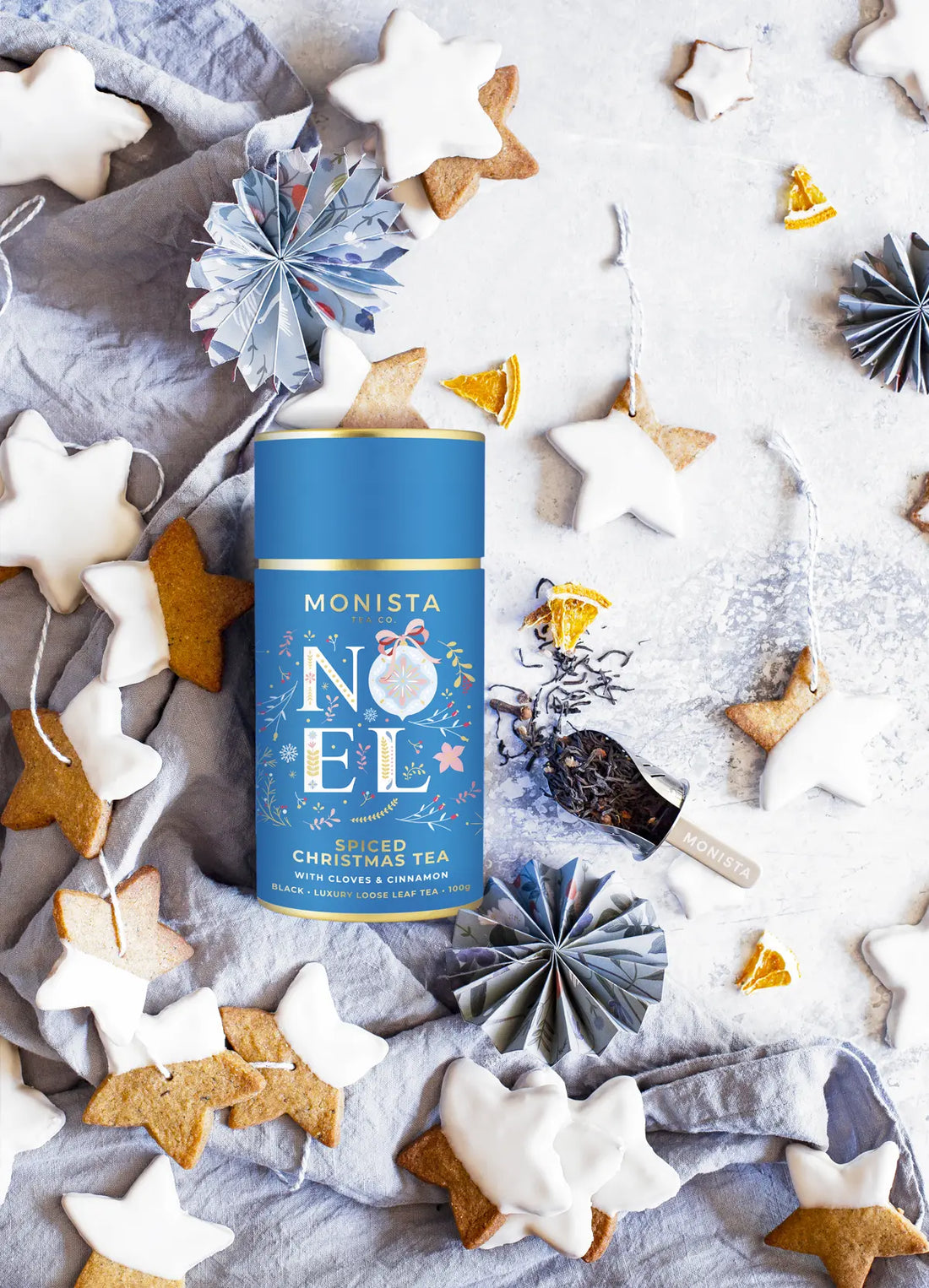 Spiced Christmas Tea Biscuits with tea canister and infuser
