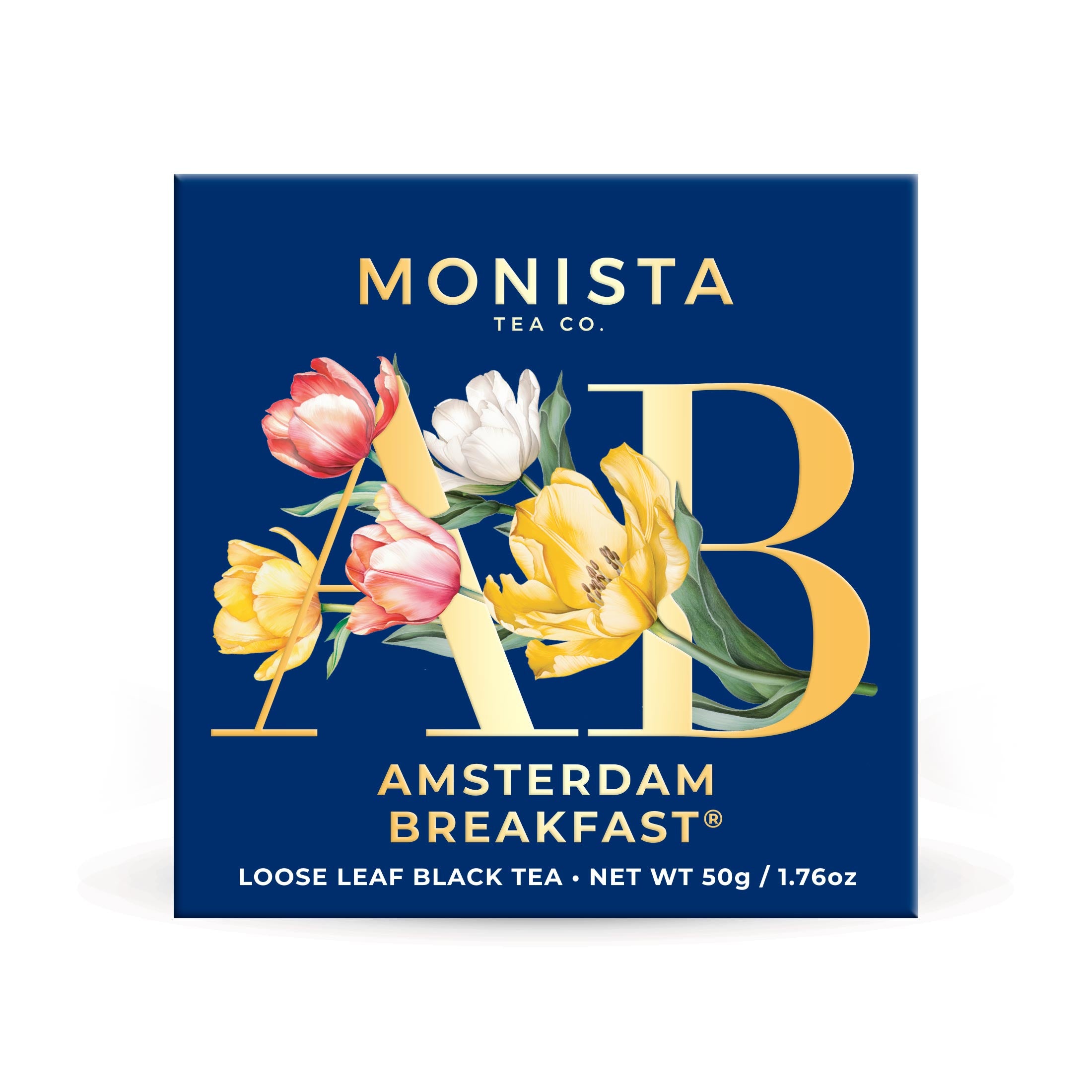 Monista Tea Co. Amsterdam Breakfast tea packaging with floral design on a white background