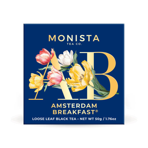 Monista Tea Co. Amsterdam Breakfast tea packaging with floral design on a white background