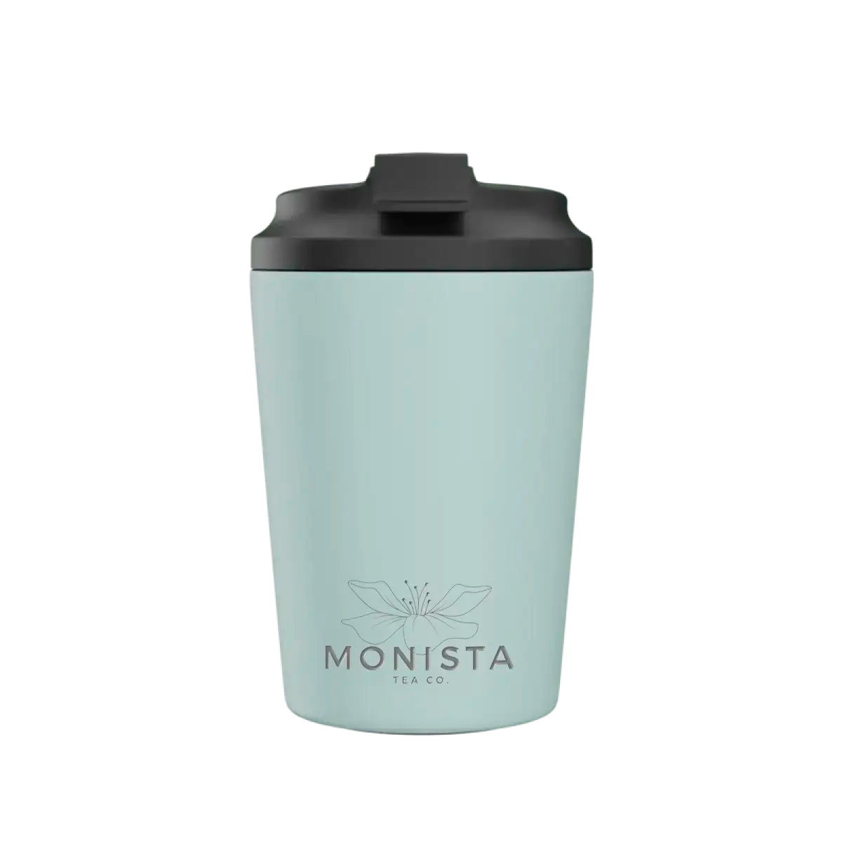 Pink insulated cup with a black lid and 'Monista Tea Co.' flower logo on a white background
