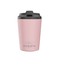 Pink insulated cup beside its pink 'Floss' Bino Cup packaging on a white background