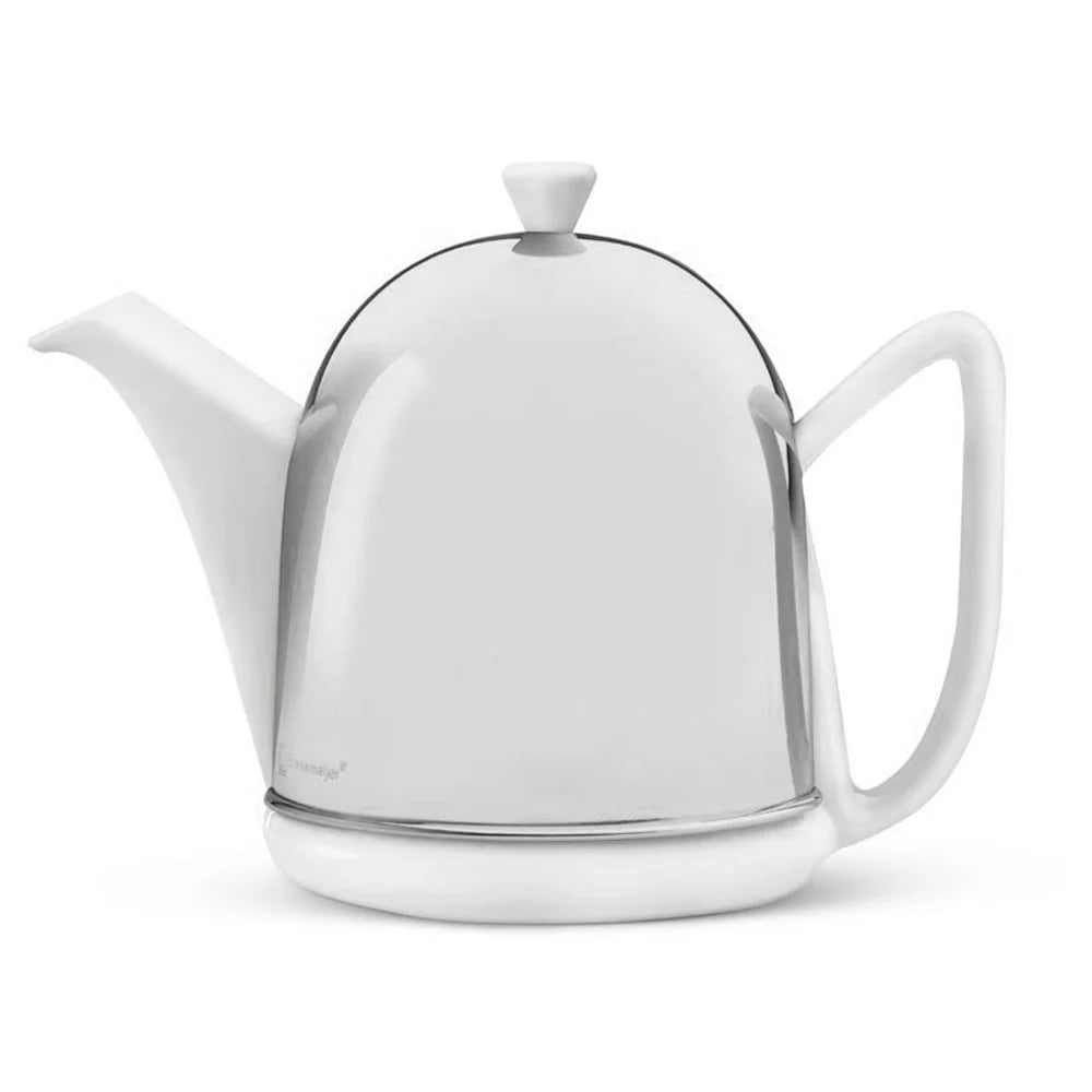 White ceramic teapot with a stainless steel dome cosy on a white background