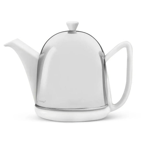 White ceramic teapot with a stainless steel dome cosy on a white background