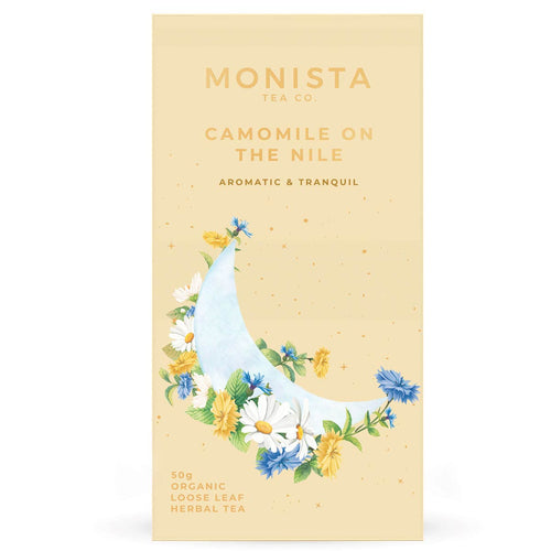 Cream Camomile On The Nile tea refill box with a moon and floral illustration