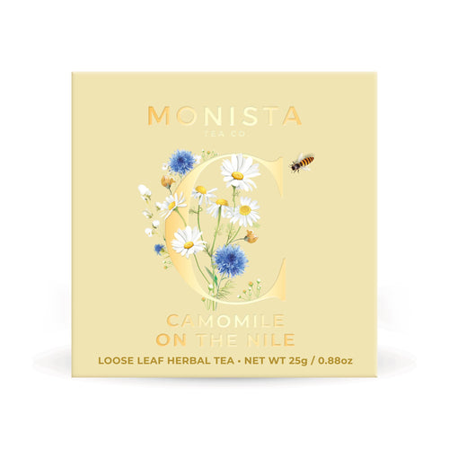 Monista Camomile on the Nile loose leaf herbal tea packaging with floral design