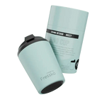 Mint green insulated cup beside its 'Breezy' Bino Cup packaging on a white background