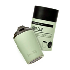 Sage green insulated cup beside its 'Sage' Bino Cup packaging on a white background