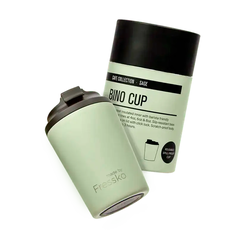 Sage green insulated cup beside its 'Sage' Bino Cup packaging on a white background