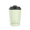 Pale green insulated cup with a black lid and 'Monista' branding on a white background