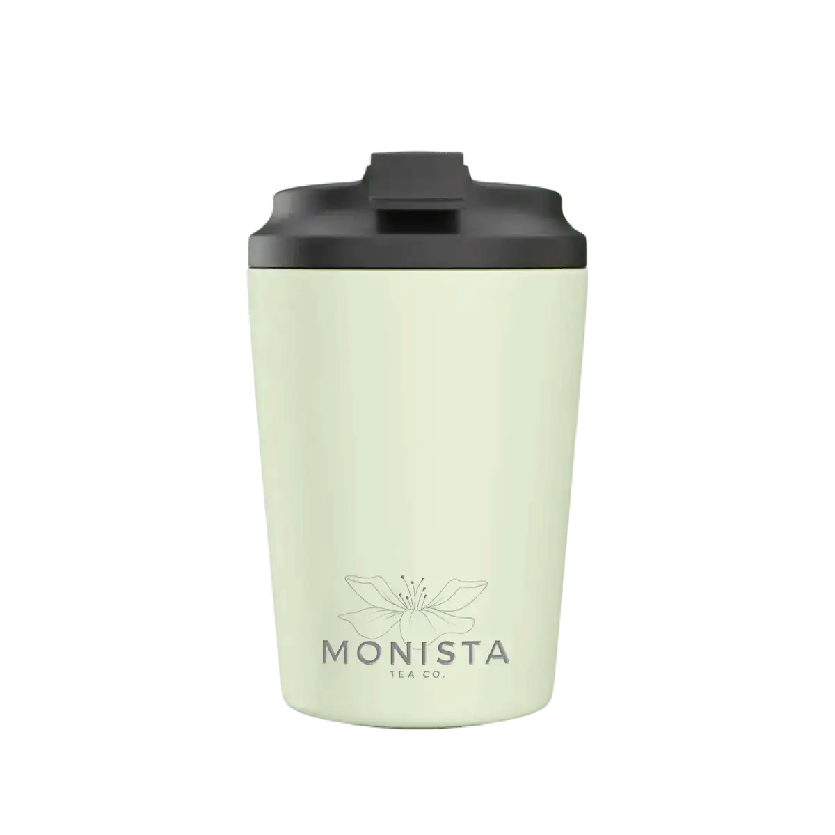 Pale green insulated cup with a black lid and 'Monista' branding on a white background