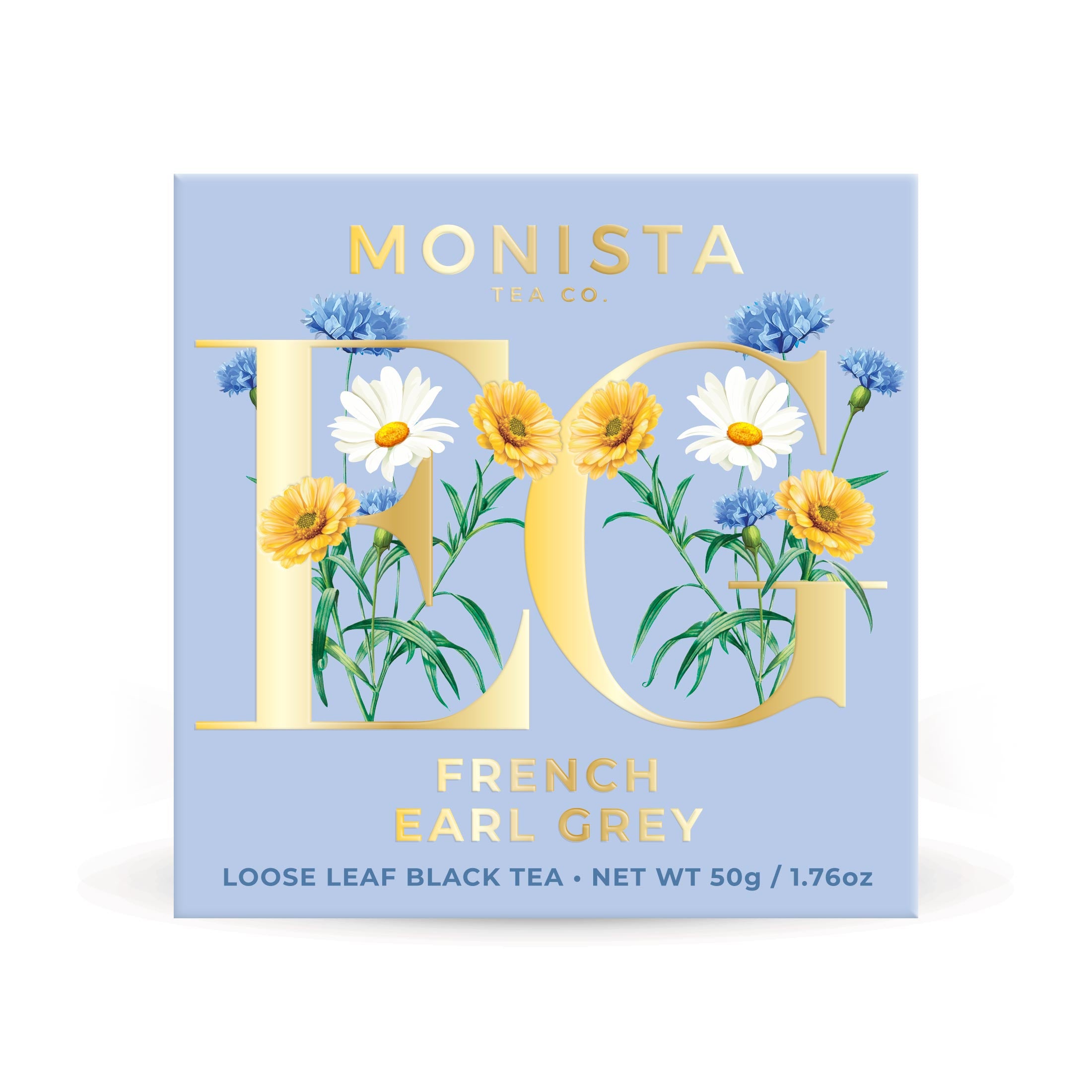 Monista Tea Co. French Earl Grey tea packaging with floral design on a light blue background