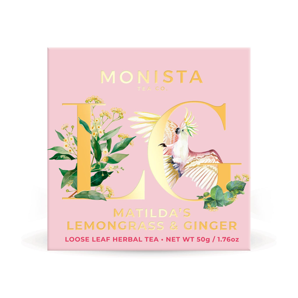 Monista Matilda's Lemongrass & Ginger tea packaging on a white background