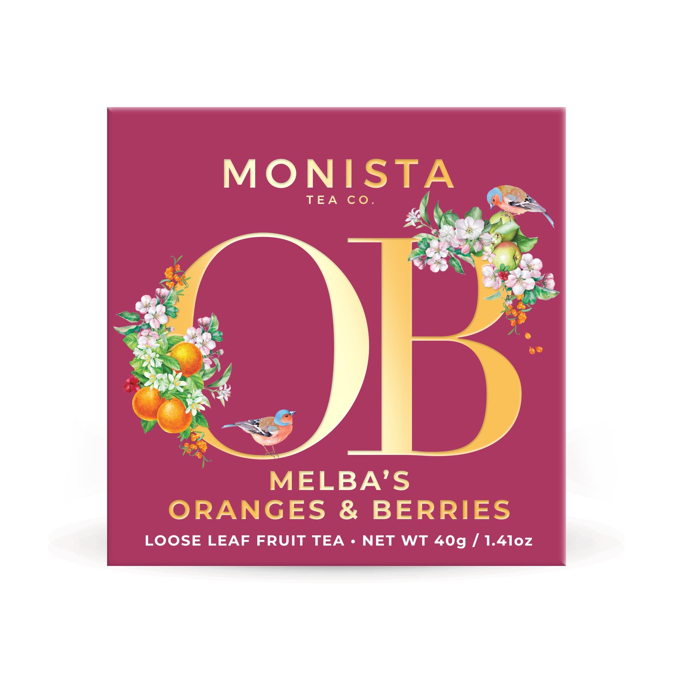 Monista Tea Co. Melba's Oranges & Berries tea package on a white background