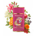 Pink tea canister with floral and fruit design, surrounded by flowers and fruits on a white background