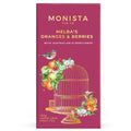 Magenta Melba's Oranges & Berries tea refill box with a birdcage and fruit illustration