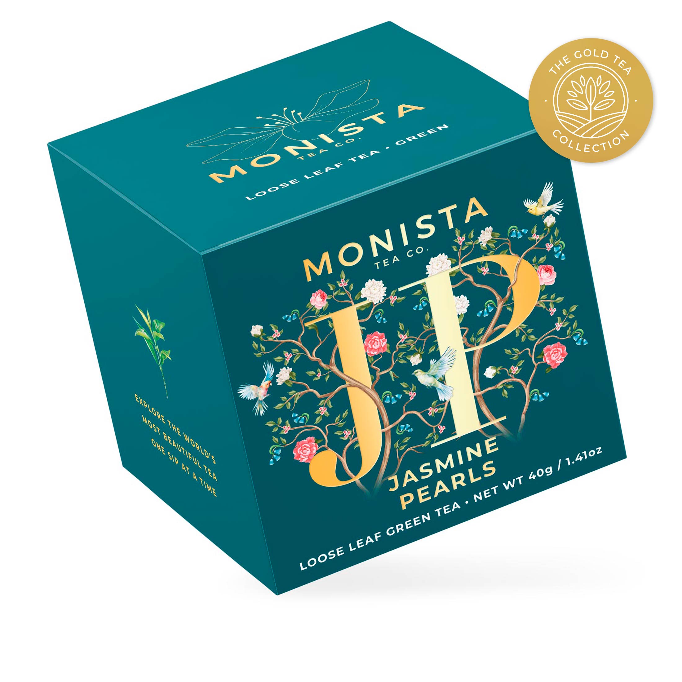 Teal Jasmine Pearls tea box with gold floral monogram design shown at an angle
