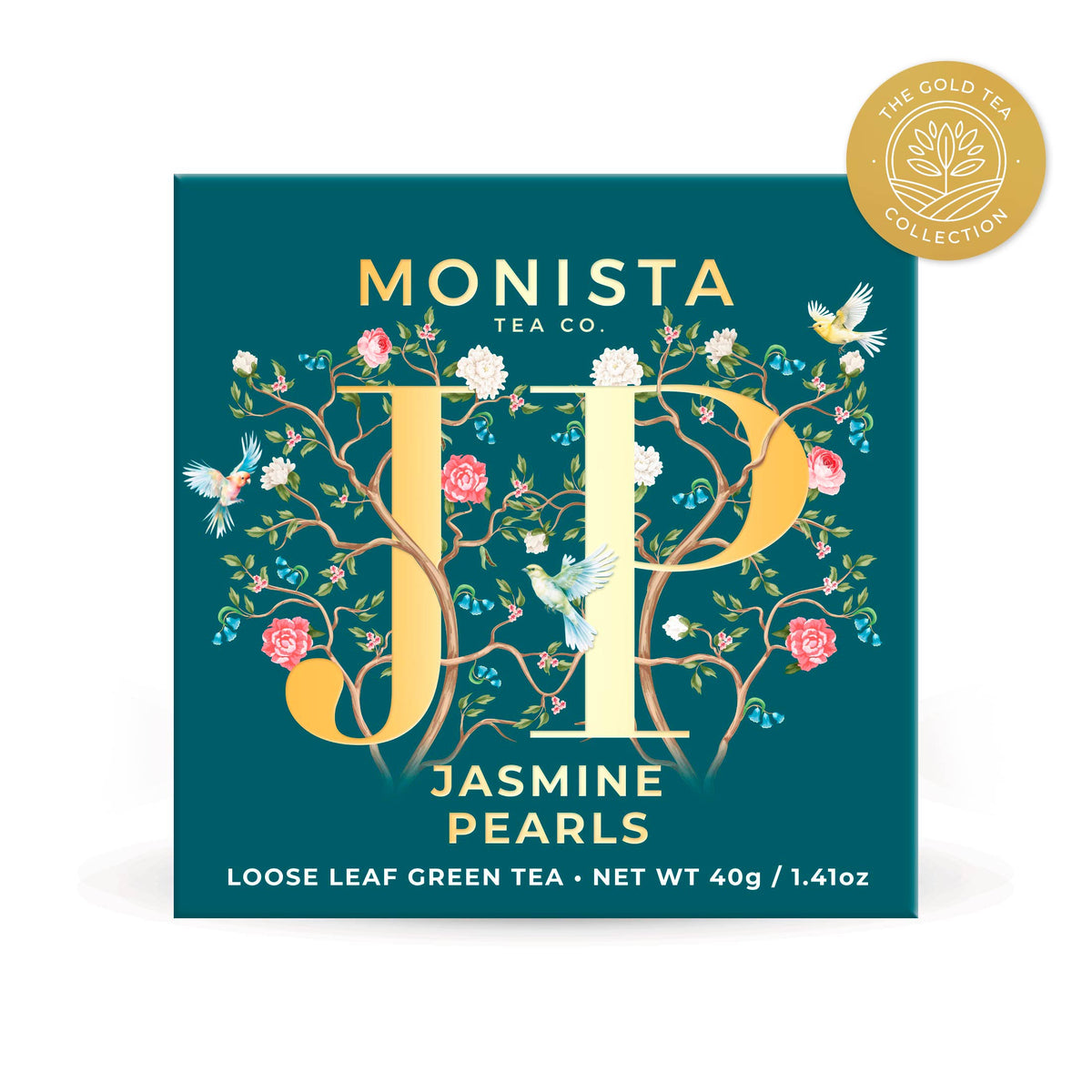 Teal Jasmine Pearls tea box with gold floral monogram design and 'The Gold Tea Collection' seal