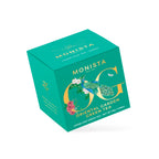 Teal Oriental Garden Green Tea box with a gold peacock monogram design shown at an angle