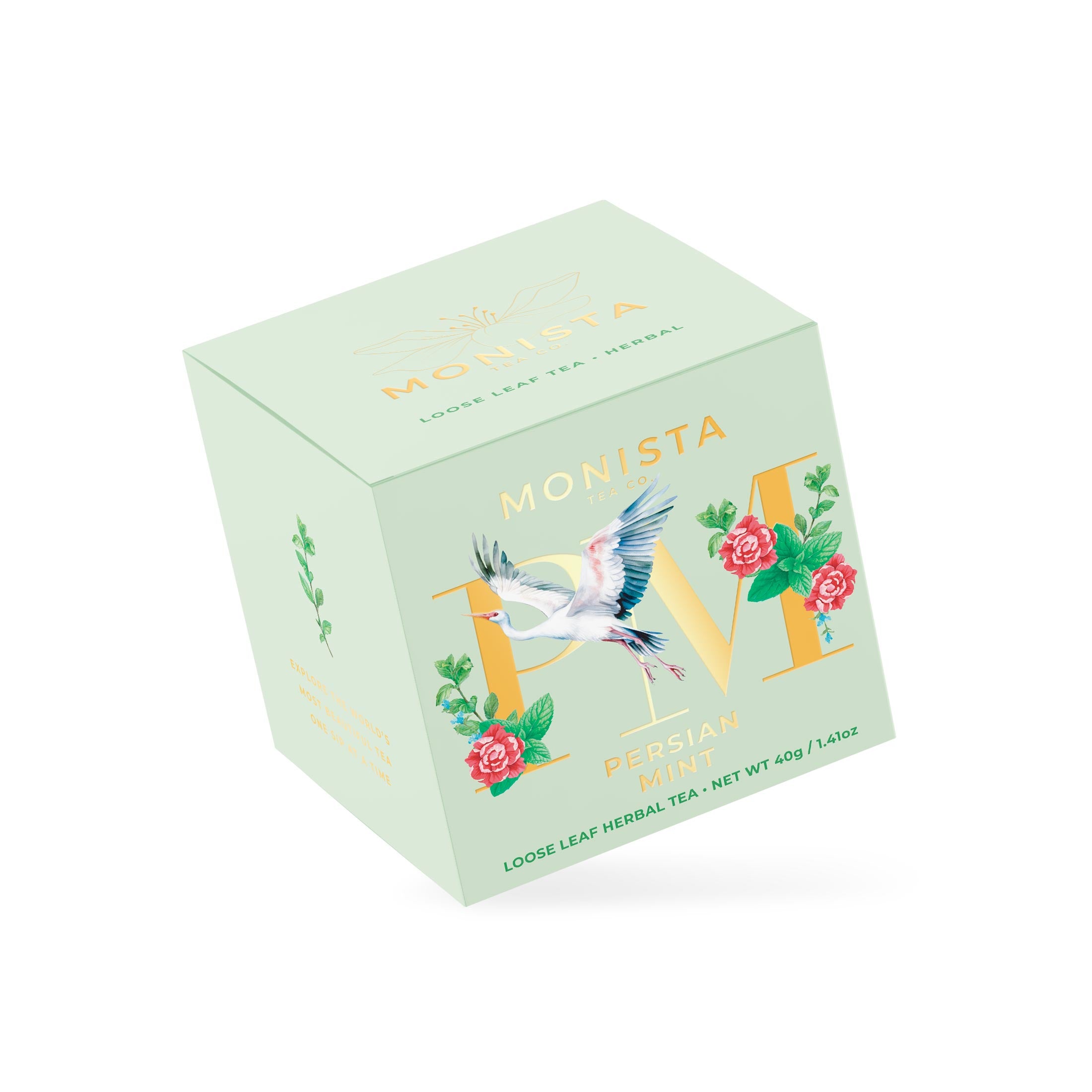 Sage green Persian Mint tea box with a gold crane monogram design shown at an angle
