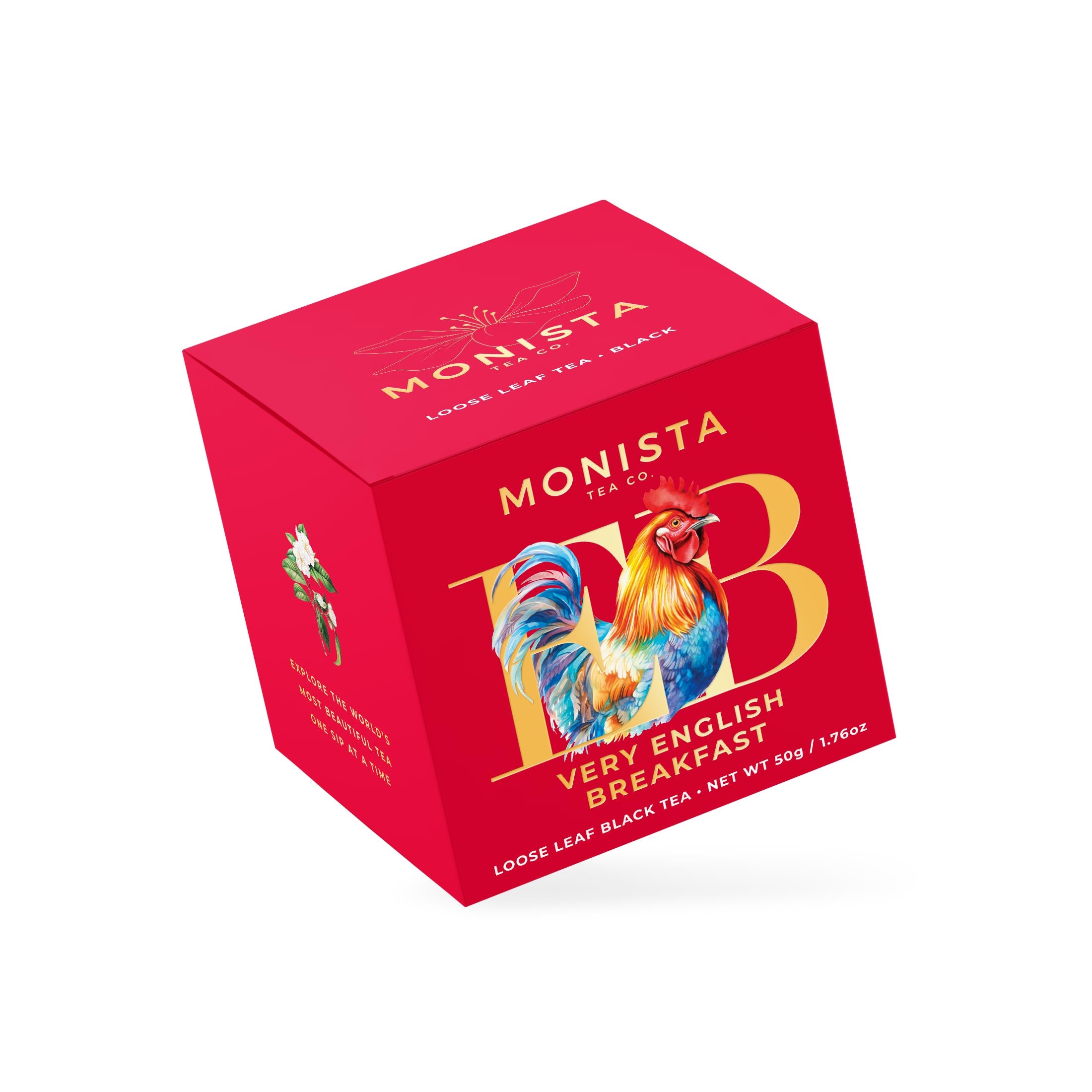 Red Very English Breakfast tea box with a gold rooster monogram design shown at an angle