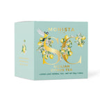 Mint green Sicilian Citrus tea box with a gold bird monogram design shown at an angle