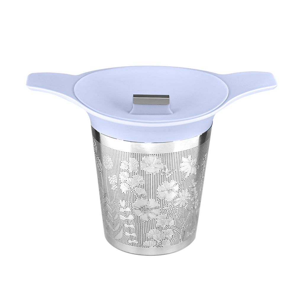 Blue Tea infuser with floral design on a white background