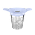Blue Tea infuser with floral design on a white background
