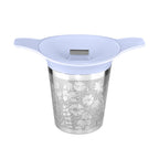 Blue Tea infuser with floral design on a white background