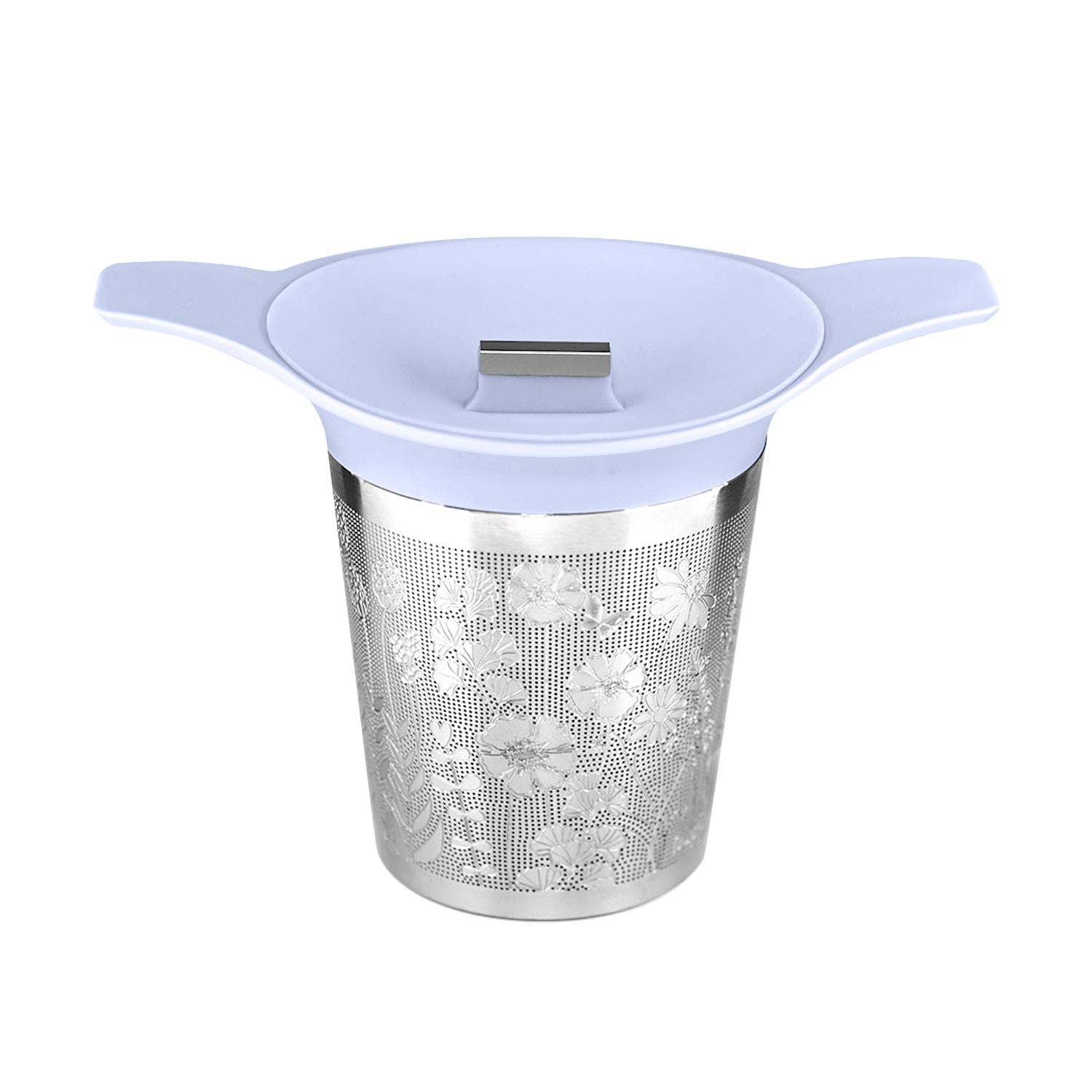 Blue Tea infuser with floral design on a white background