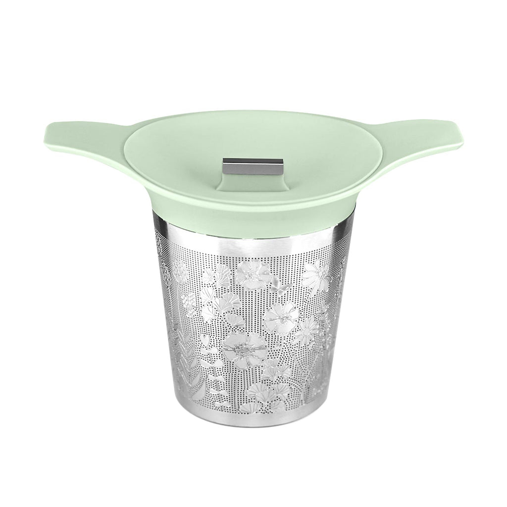 Mint green lidded tea basket infuser with stainless mesh on a white background