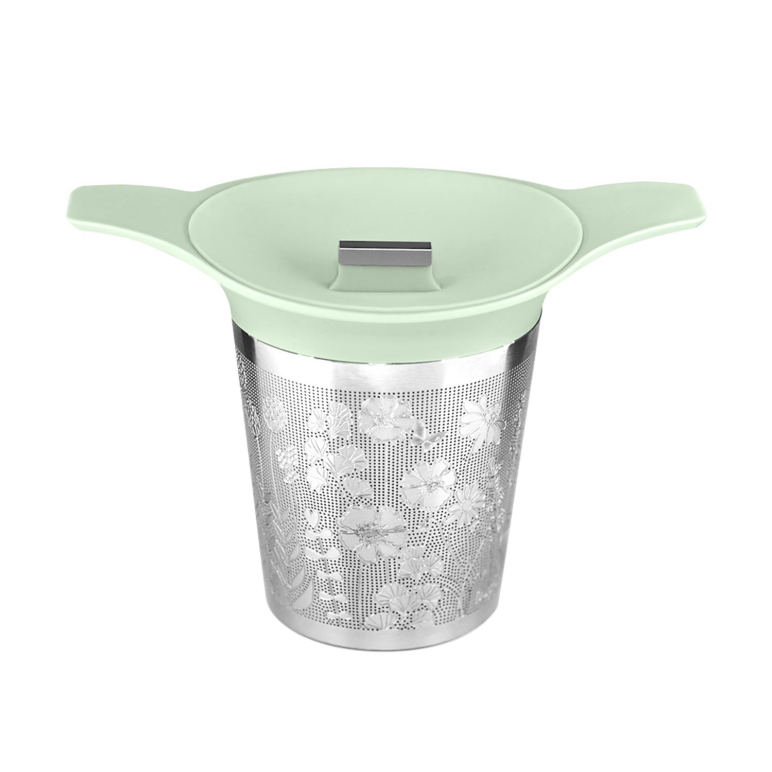 Mint green lidded tea basket infuser with stainless mesh on a white background