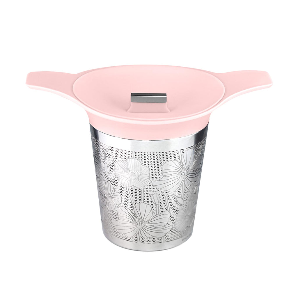 Tea infuser with floral design and pink lid on a white background