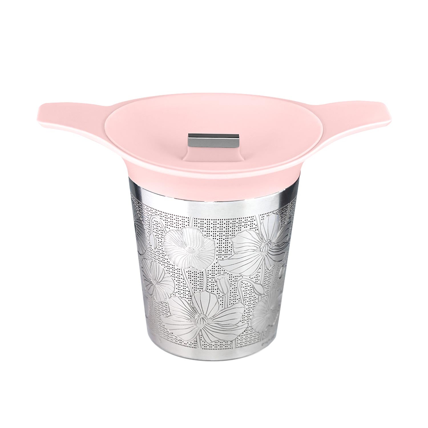 Tea infuser with floral design and pink lid on a white background
