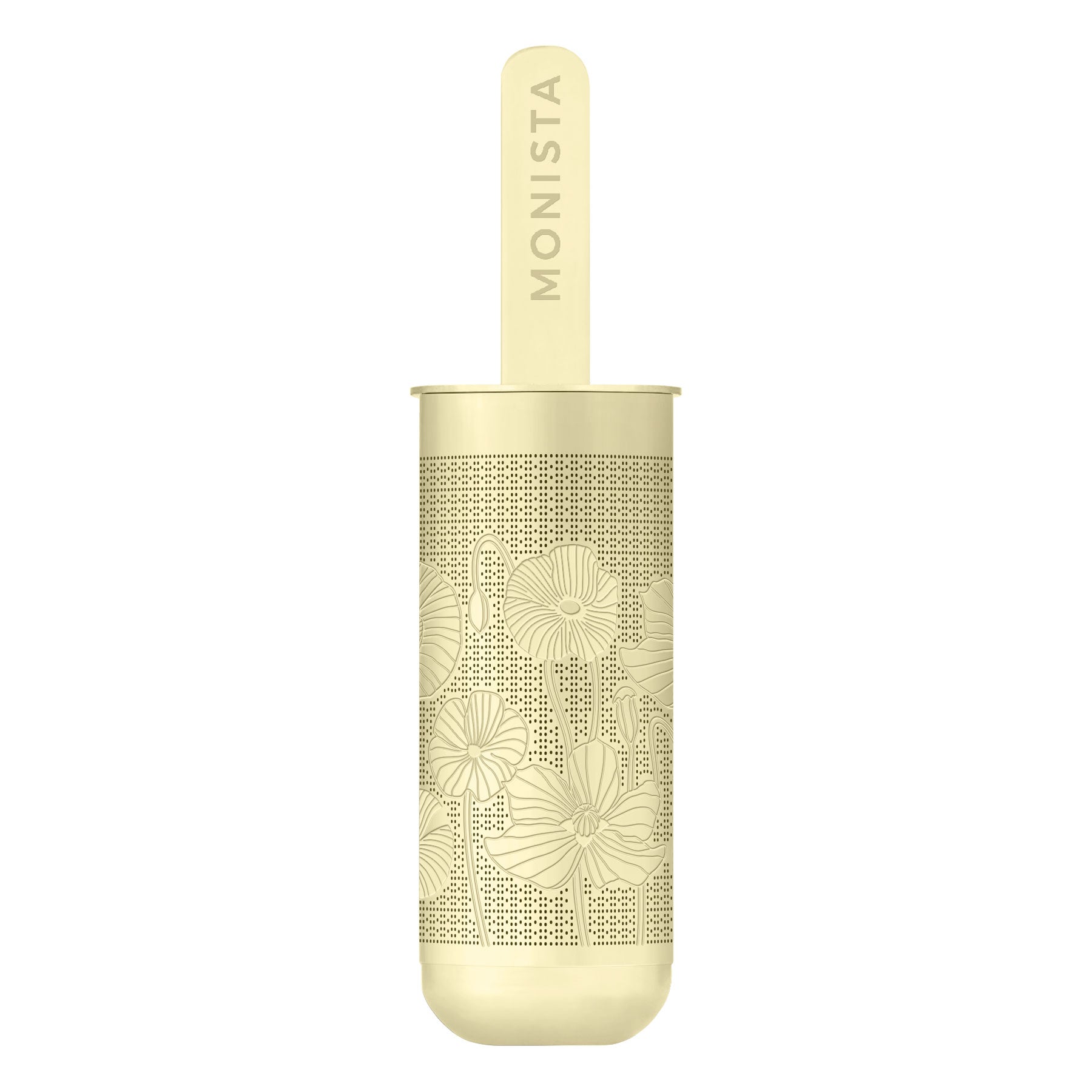 Gold spoon with 'Monista' engraved on the handle on a white background