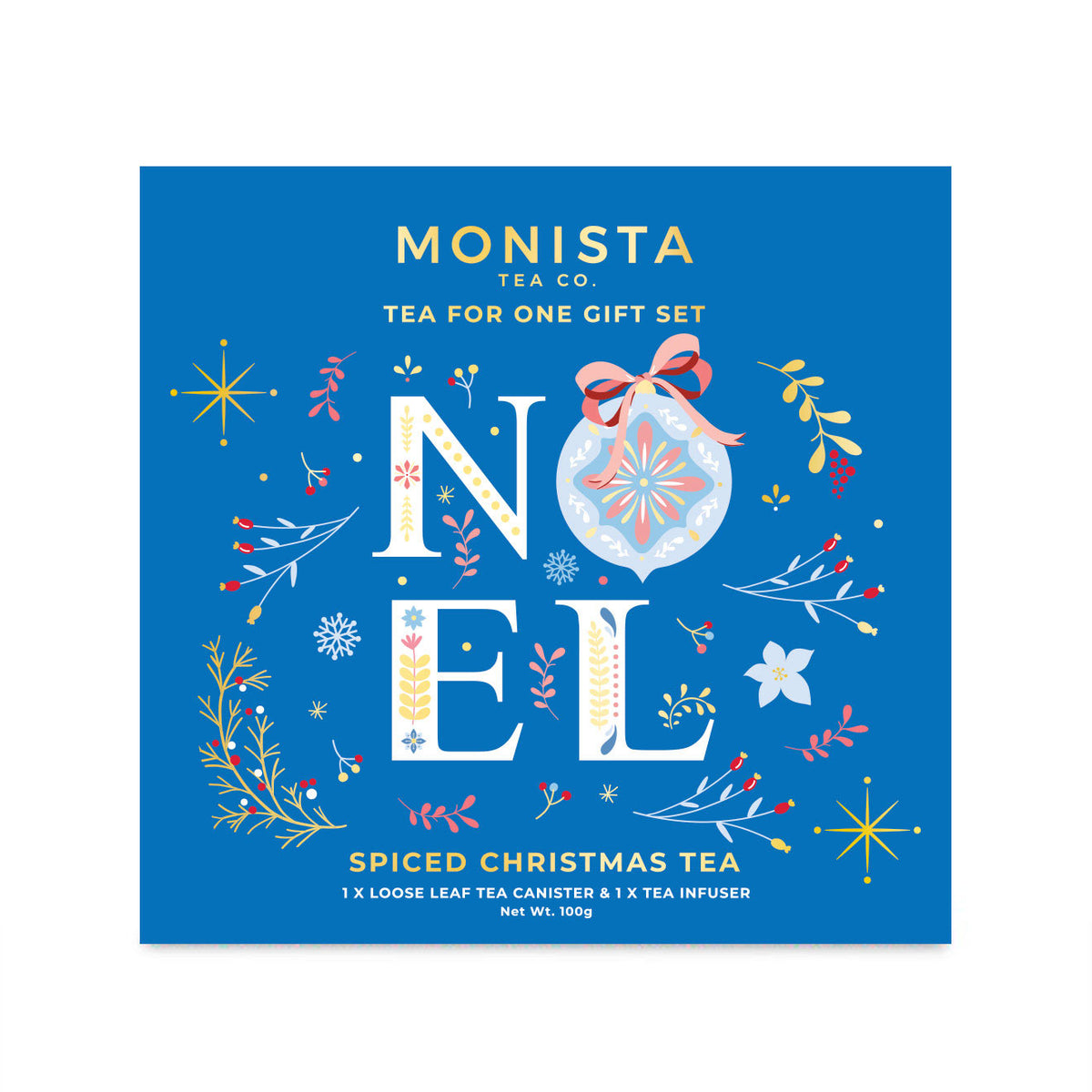 A square blue Monista Tea Co. gift set box labeled 'NOEL' with festive illustrated ornaments, flowers, and stars, and text reading 'Spiced Christmas Tea' and 'Tea for one gift set.