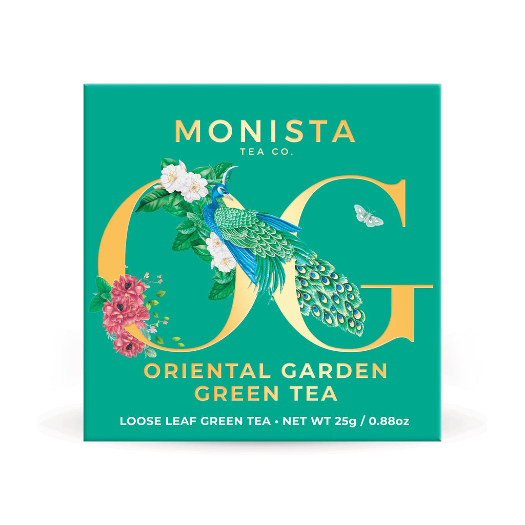 Monista Tea Co. Oriental Garden Green Tea packaging with peacock illustration on a green background