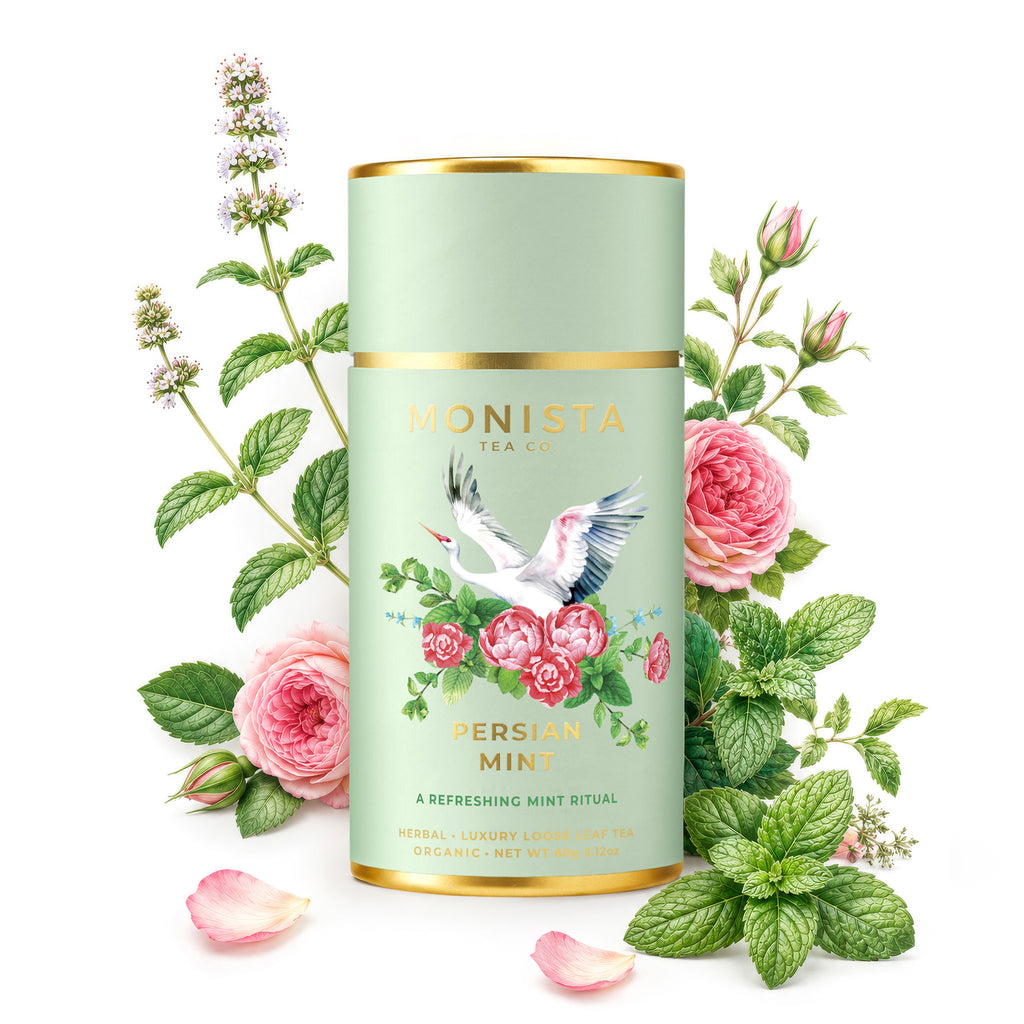 Persian Mint tea canister surrounded by pink roses and mint leaves on a white background