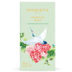 Sage green Persian Mint tea refill box with a crane and rose illustration