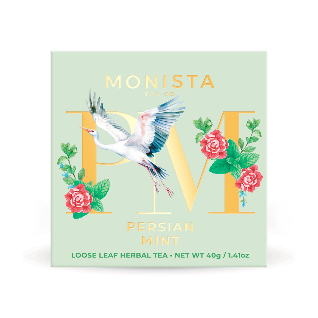 Monista Persian Mint tea packaging with floral design and stork illustration on a light green background