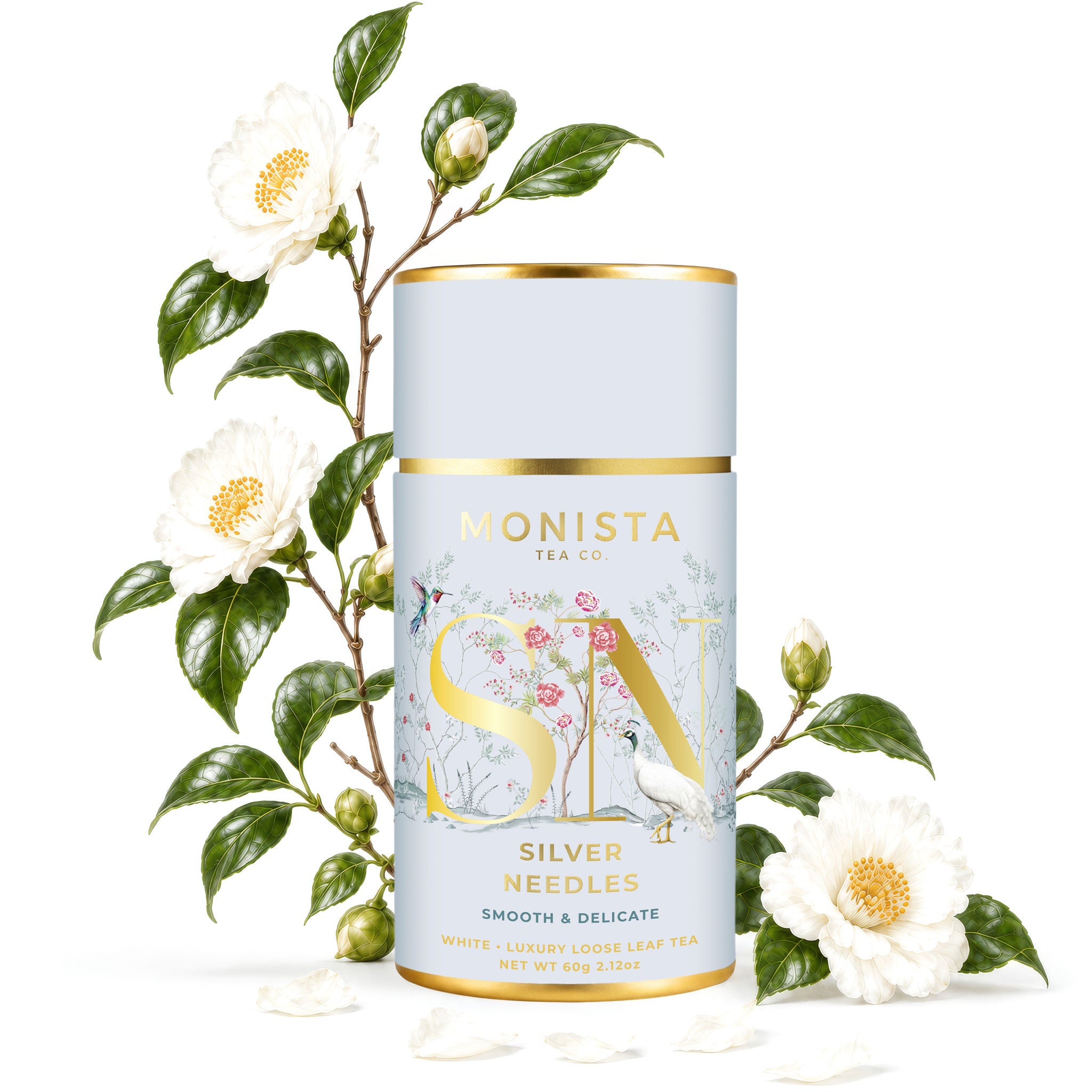 Tea canister with floral design and Monista branding on a white background