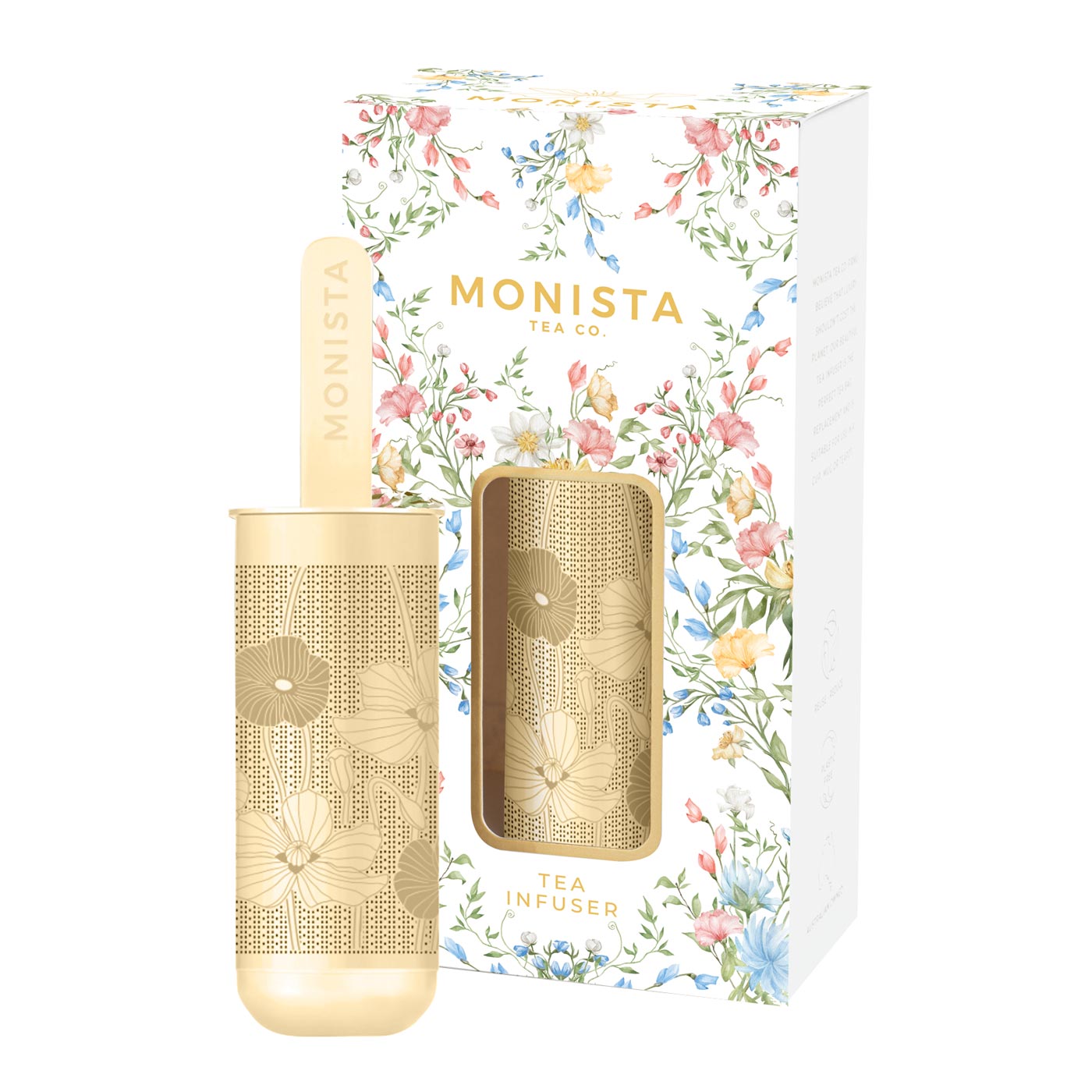 Gold mesh stick tea infuser with a floral pattern next to its Monista Tea Co packaging