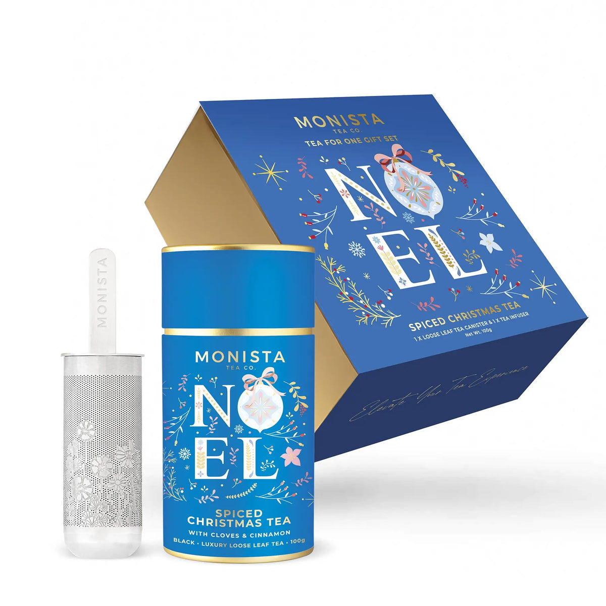 Monista Spiced Christmas tea set with blue packaging and white tea infuser on a white background