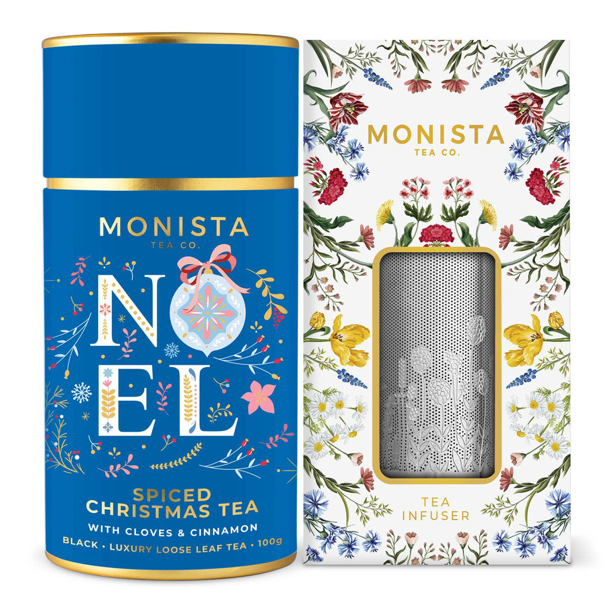 Monista Tea Co. Christmas spiced tea set featuring a blue cylindrical tea tin with gold trim and a matching floral-patterned box containing a silver mesh tea infuser, shown on a white background.