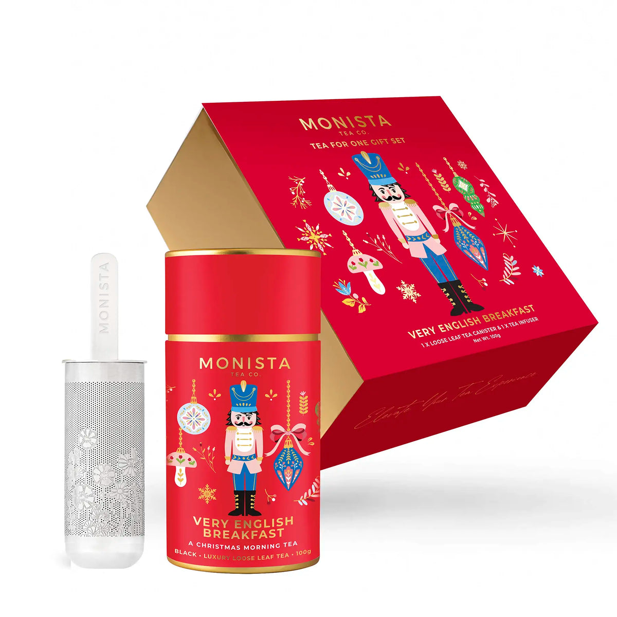Monista Very English Breakfast tea set with red canister and decorative box on a white background