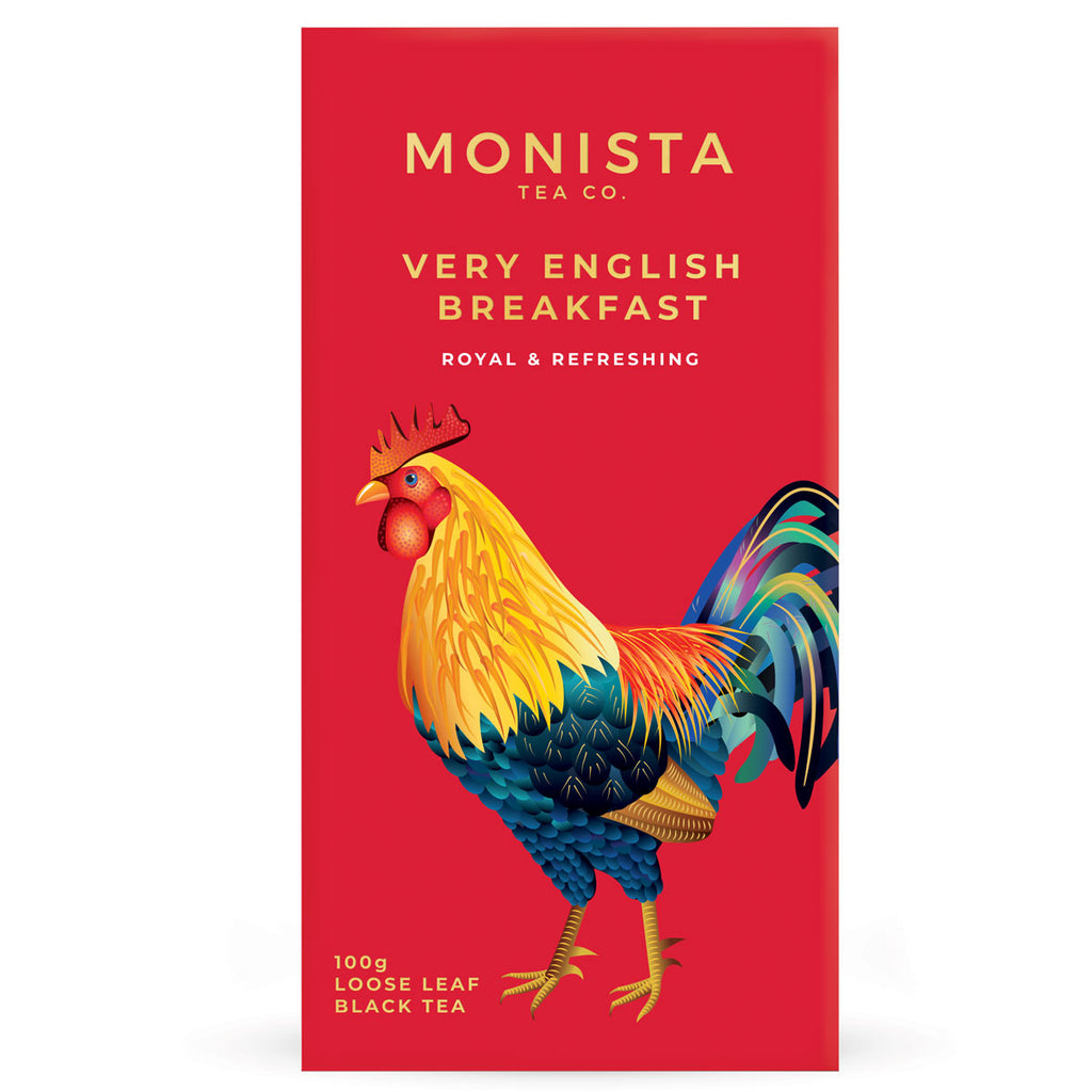 Red Very English Breakfast tea refill box with a rooster illustration