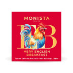 Monista Tea Co. Very English Breakfast tea packaging with a rooster illustration on a red background