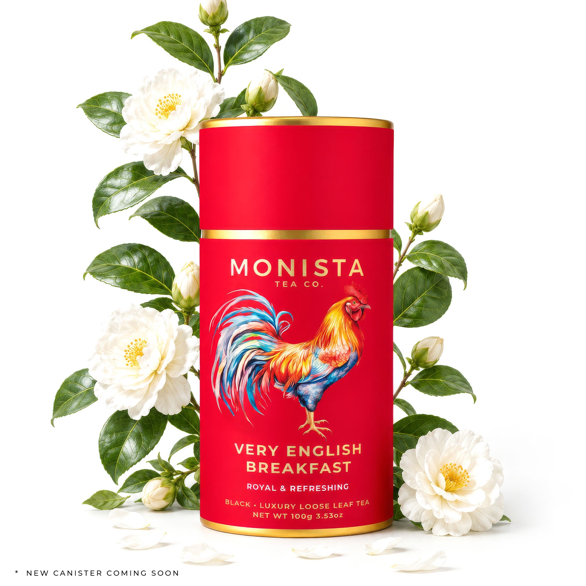 Red tea canister with colorful rooster design and white flowers on a white background