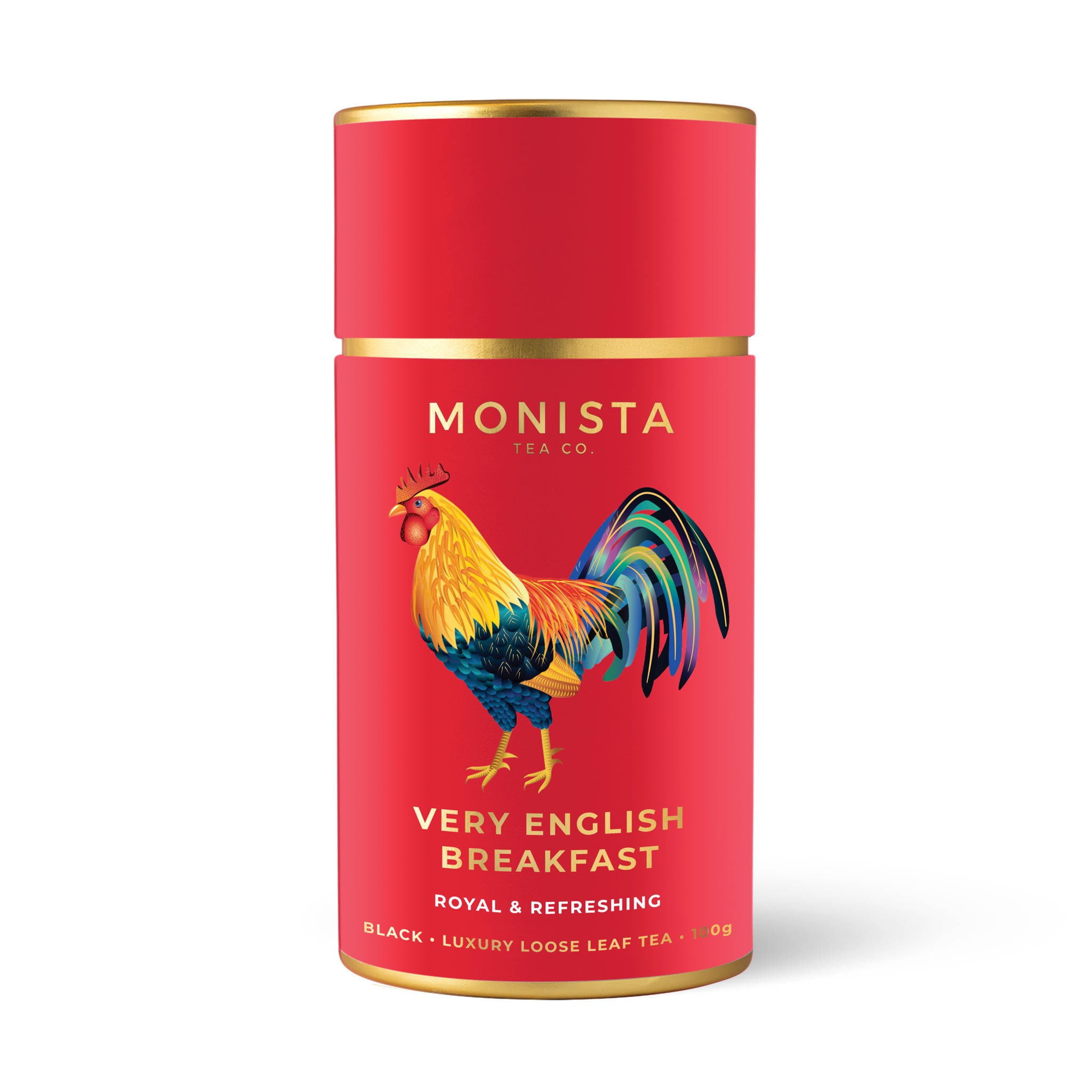Red tea canister with colorful rooster design and 'Monista Tea Co' branding on a white background