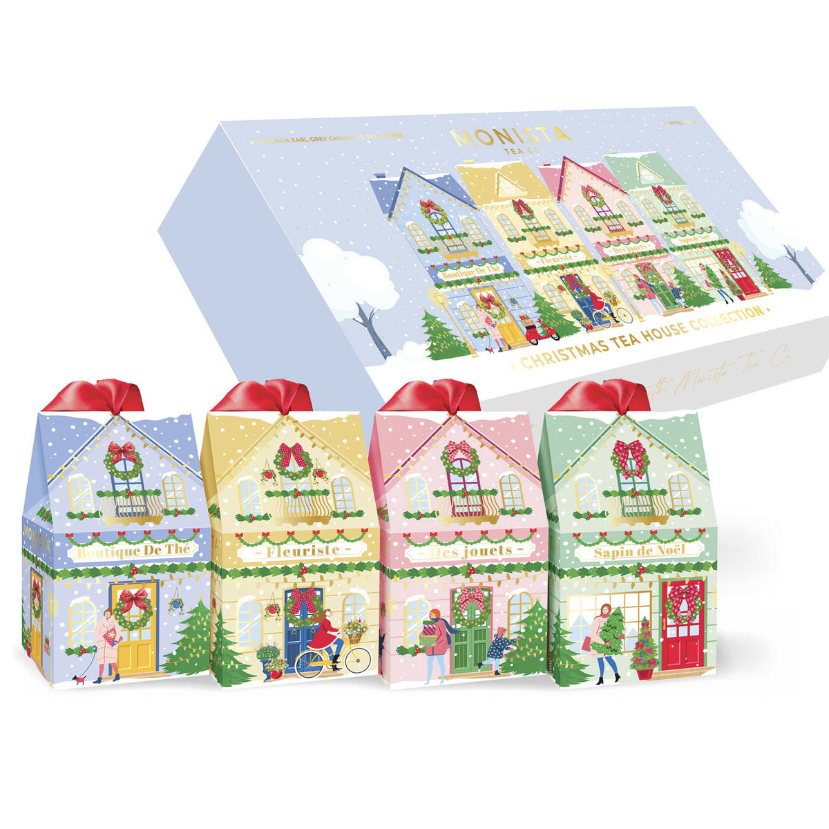 Moni Fautière Christmas Tea House Collection gift set featuring four illustrated house-shaped boxes with red ribbons, shown in front of the branded outer box on a white background.